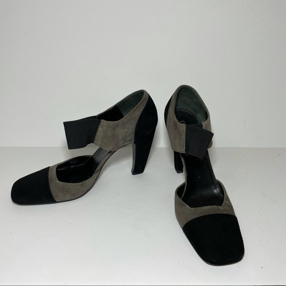 Prada  Suede Leather Mary Jane High Heel Pumps Size 38 Black Gray Elastic Strap - Picture 1 of 10